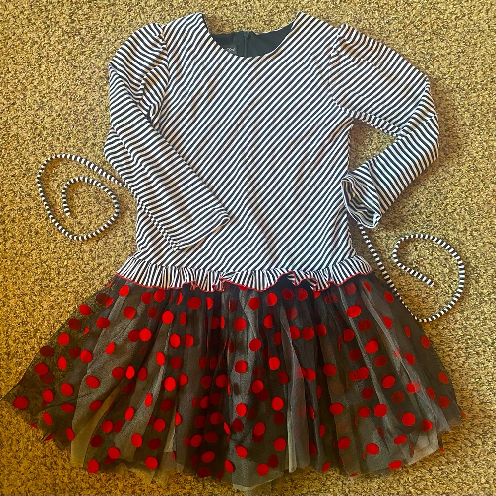 Girl’s Size 8 Long Sleeve Black and White Stripe Dress with Red Polka Dots